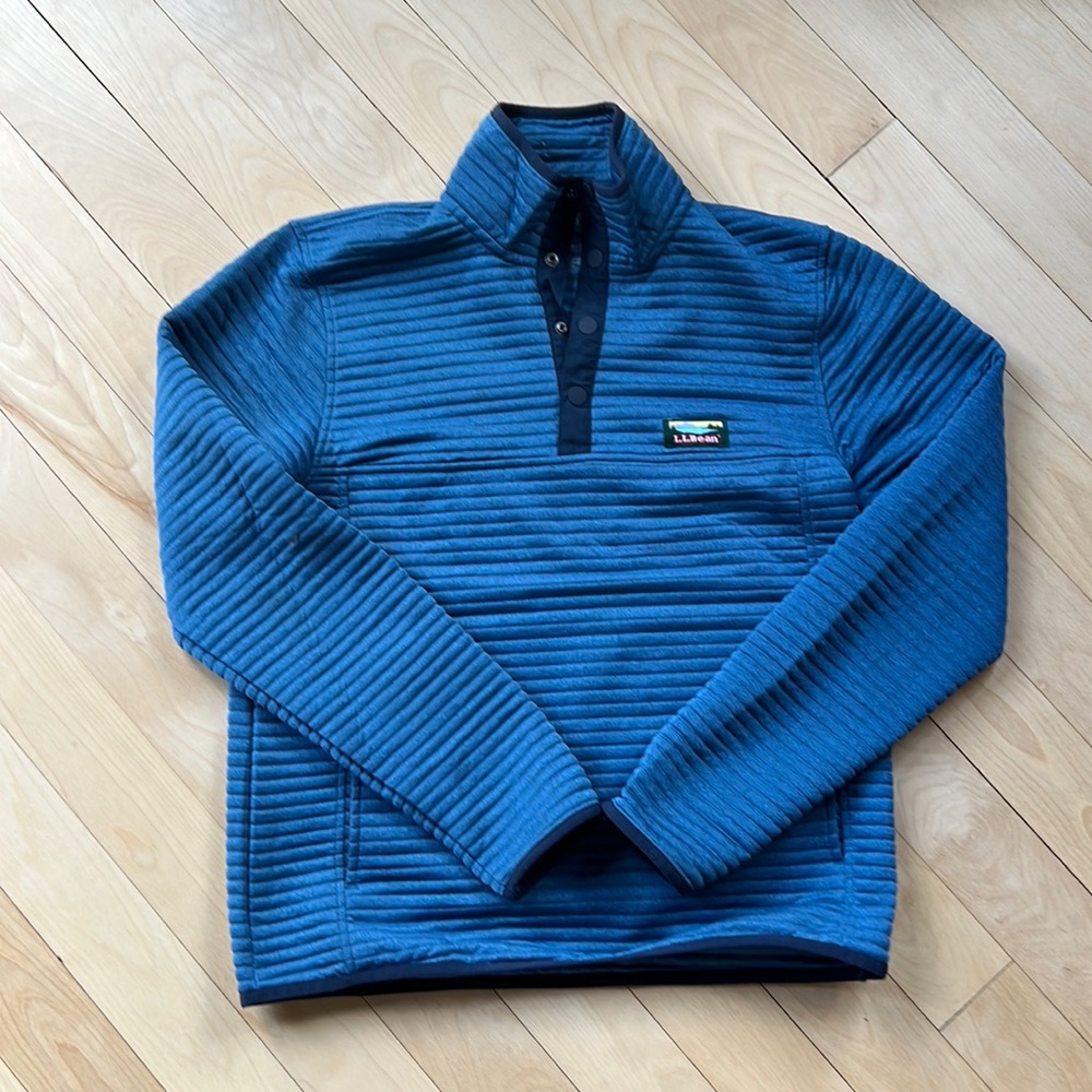 Blue and Navy LL Bean snap collar sweatshirt